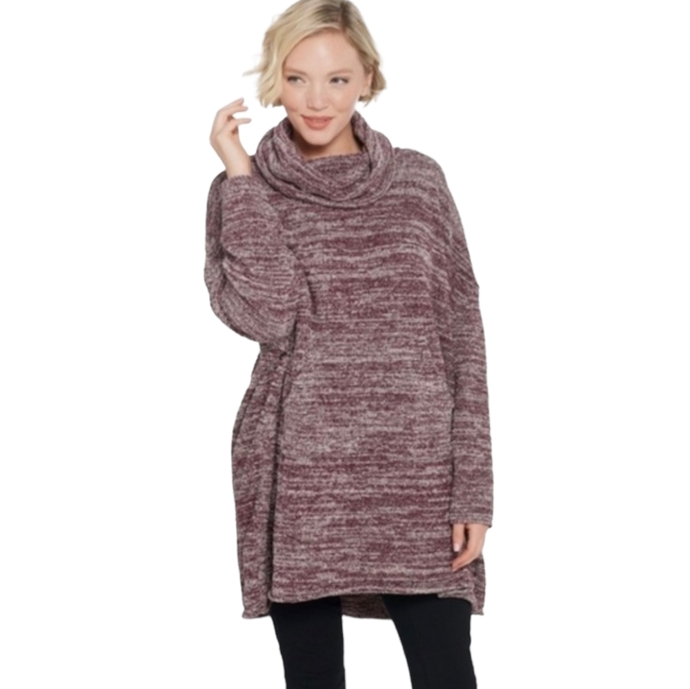 EUC Barefoot Dreams Cozychic Funnel Neck Pullover Red Wine Marled Oversized OS